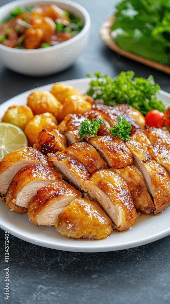 Lunar New Year theme Succulent grilled chicken served with potatoes and fresh herbs on a white plate. Lunar New Year theme Succulent grilled chicken served with potatoes and fresh herbs on a white plate.