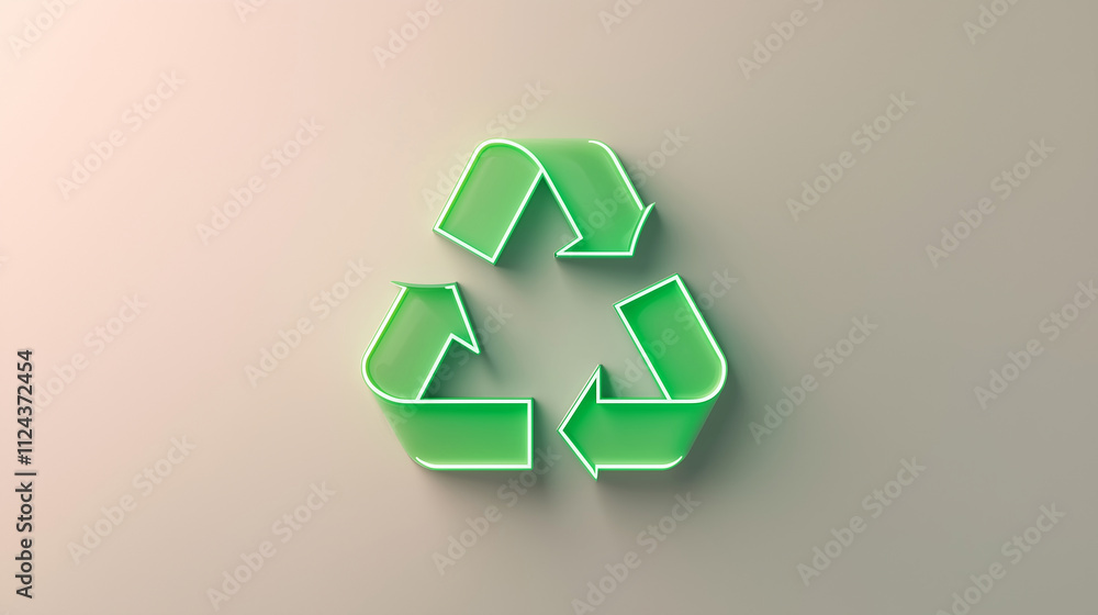 A glowing green recycling symbol in a sleek, 3D minimalist design, centered against a plain, light backdrop, symbolizing the next generation of sustainable development. A glowing green recycling symbol in a sleek, 3D minimalist design, centered against a plain, light backdrop, symbolizing the next generation of sustainable development.