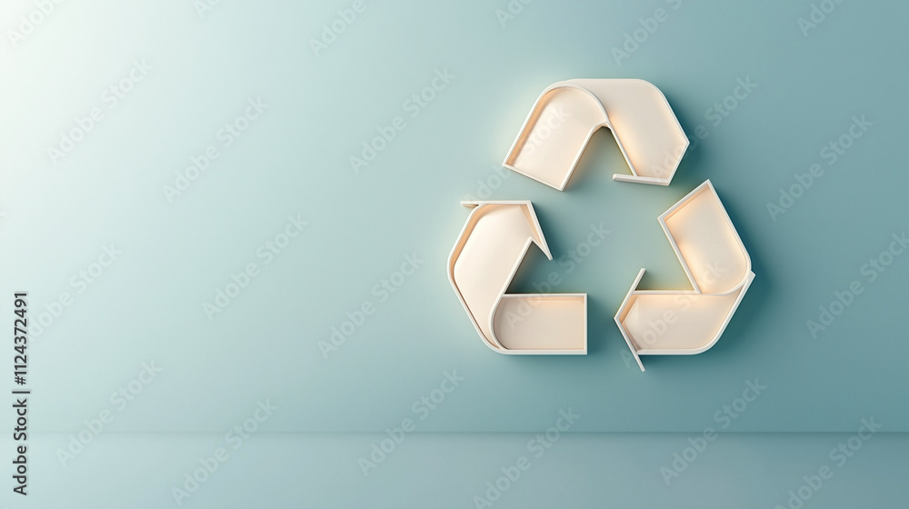 A glowing green recycling symbol in a sleek, 3D minimalist design, centered against a plain, light backdrop, symbolizing the next generation of sustainable development. A glowing green recycling symbol in a sleek, 3D minimalist design, centered against a plain, light backdrop, symbolizing the next generation of sustainable development.