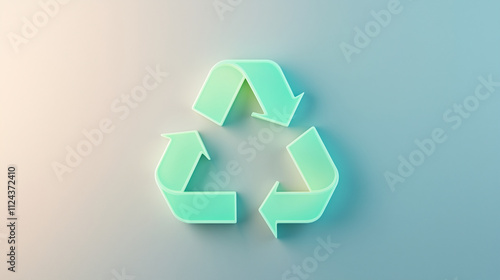 A luminous green recycling icon, softly illuminated, standing out on a clean light background, representing futuristic sustainability with minimalist precision.