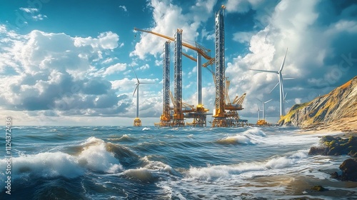Vast Oceanic Wind Turbine Installation Site with Advanced Robotic Cranes and Renewable Energy Forecasting