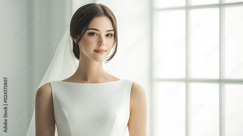 Elegant and Graceful Bride Wearing a Minimalist Wedding Dress with Clean Lines and Simple Elegance Standing in a Bright Modern Studio with a Soft Bright Background and Ample Copy Space Elegant and Graceful Bride Wearing a Minimalist Wedding Dress with Clean Lines and Simple Elegance Standing in a Bright Modern Studio with a Soft Bright Background and Ample Copy Space