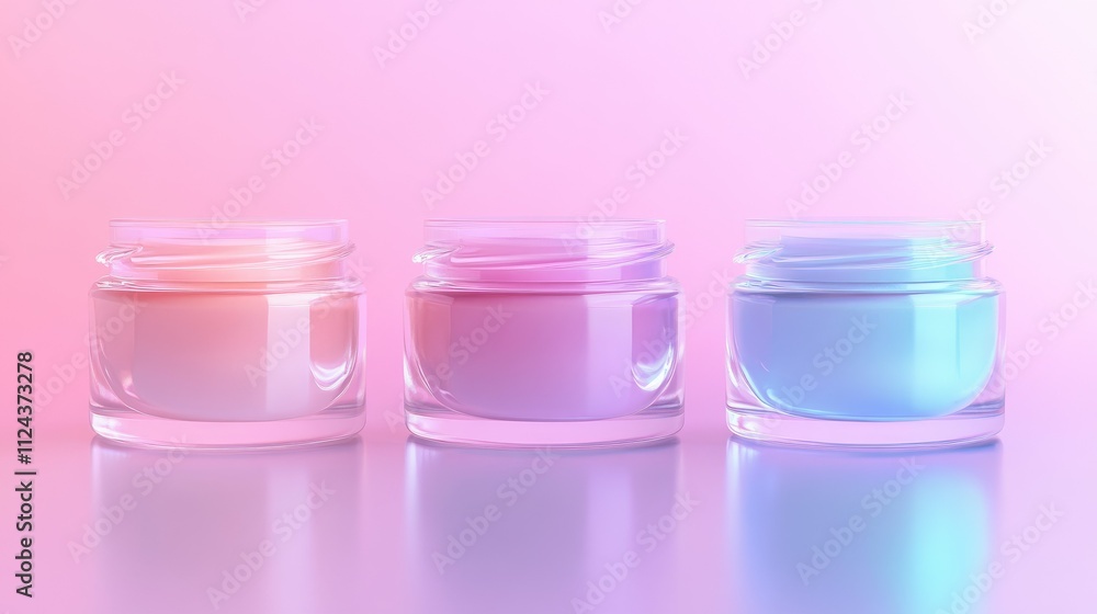 Three elegant jars of cream in pink, lavender, and blue arranged symmetrically on a soft pastel gradient background with a dreamy, glowing aesthetic Three elegant jars of cream in pink, lavender, and blue arranged symmetrically on a soft pastel gradient background with a dreamy, glowing aesthetic