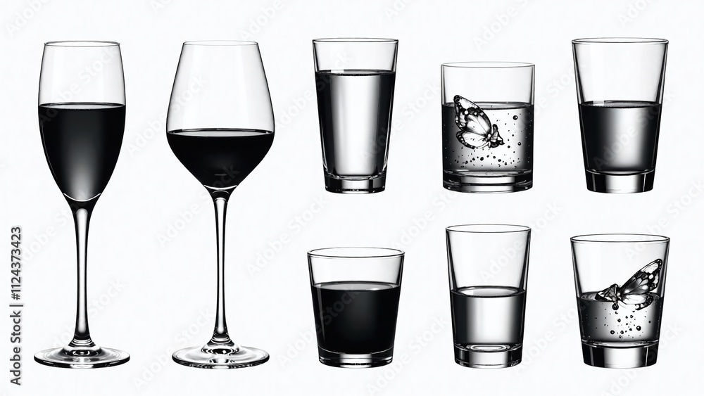 Glasses with Liquid - Editable Black & White Illustration Set - Different Levels, Moods & Styles Glasses with Liquid - Editable Black & White Illustration Set - Different Levels, Moods & Styles
