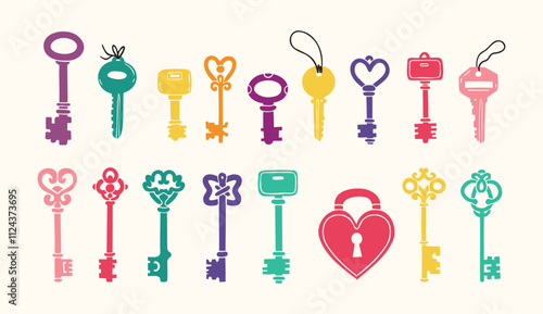 Hand drawn colored vector Keys. Doodle various vintage, modern and cute isolated keys. Different types, sizes.