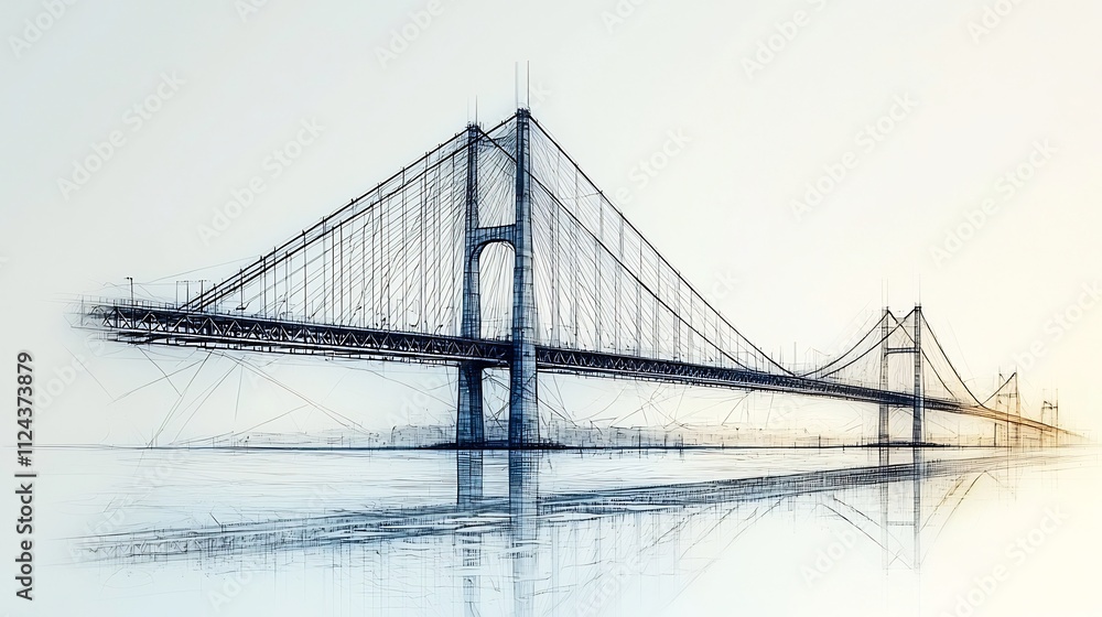 Fototapeta premium Minimalist Sketch of Suspension Bridge with Smooth Lines and Arches