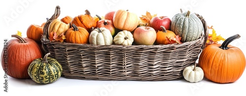 A basket of fresh pumpkins and squash in autumn harvest season photo