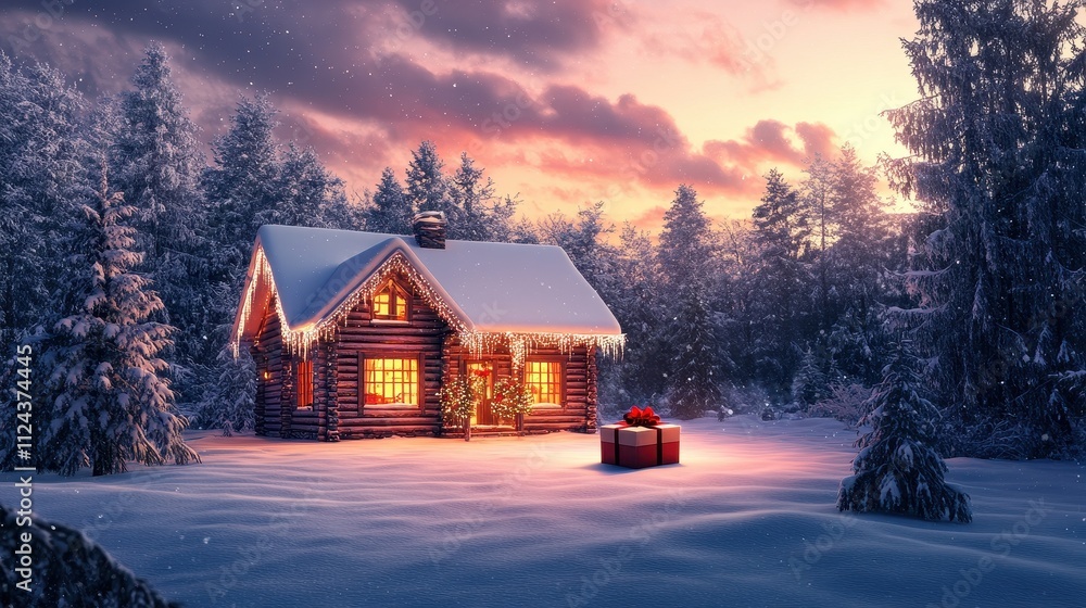 Cozy Winter Cabin in the Snowy Forest at Sunset Cozy Winter Cabin in the Snowy Forest at Sunset
