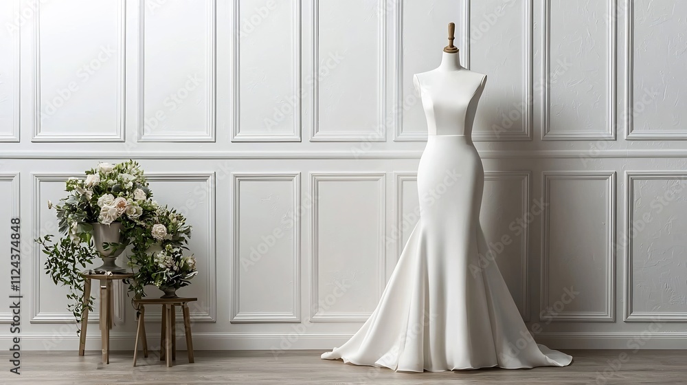 Elegant and minimalist wedding dress displayed on a sleek white mannequin featuring a simple flowing silhouette set against a plain white wall background with ample copy space Elegant and minimalist wedding dress displayed on a sleek white mannequin featuring a simple flowing silhouette set against a plain white wall background with ample copy space
