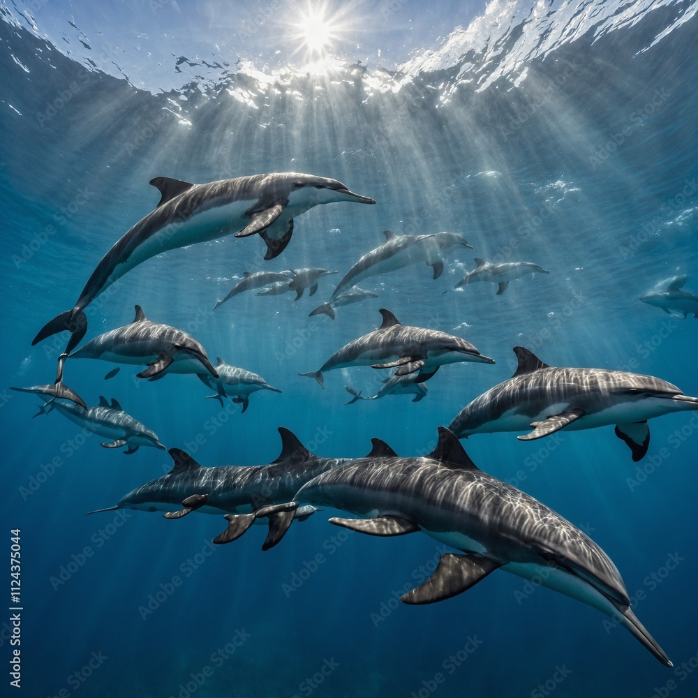 A playful pod of spinner dolphins spinning above a crystal sea. A playful pod of spinner dolphins spinning above a crystal sea.