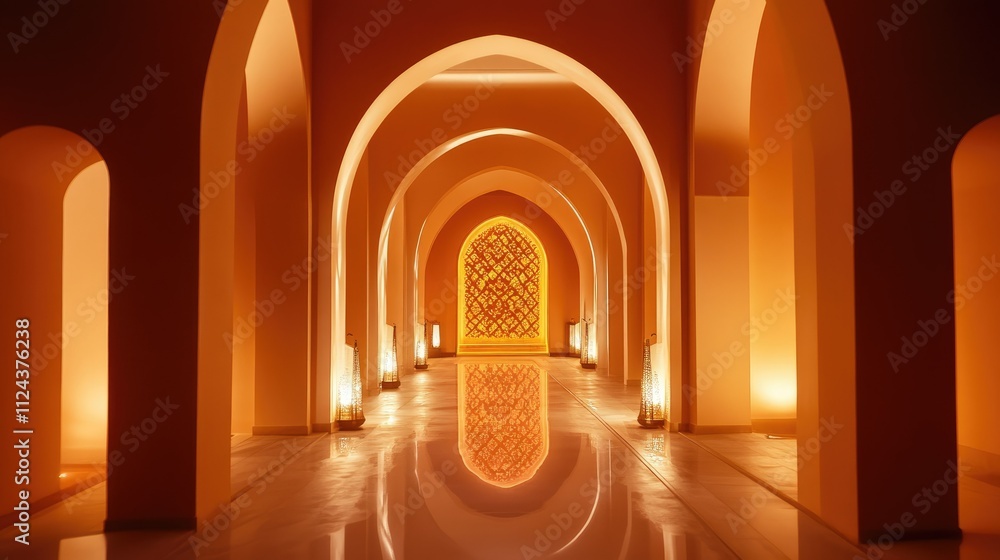 Fototapeta premium Warmly lit arches with intricate designs in a serene and harmonious interior, evoking a sense of peace and elegance