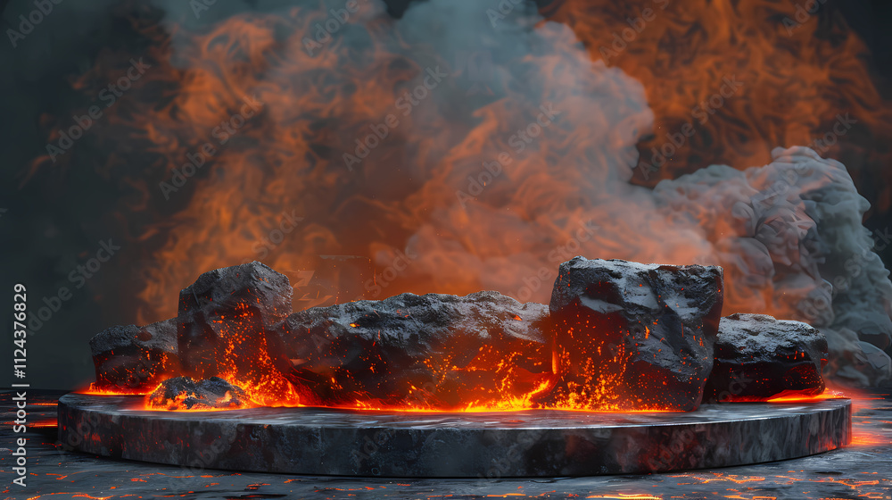 Fototapeta premium Inferno Rockscape: Glowing embers and swirling smoke create a dramatic, otherworldly scene around dark volcanic rocks, set on a circular base.