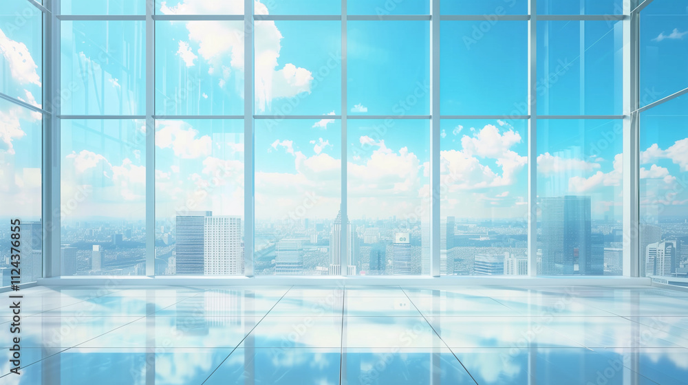 Modern office interior with panoramic cityscape view and bright blue sky. Modern office interior with panoramic cityscape view and bright blue sky.
