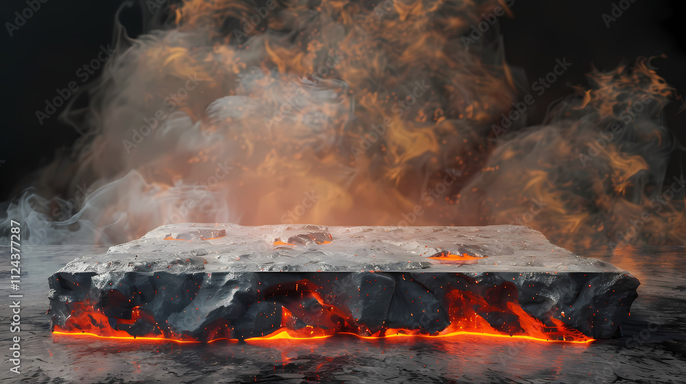 Naklejka premium Fiery Altar: A rough-hewn stone block, glowing with intense inner fire, sits amidst swirling smoke and flames, creating a dramatic and mystical scene.