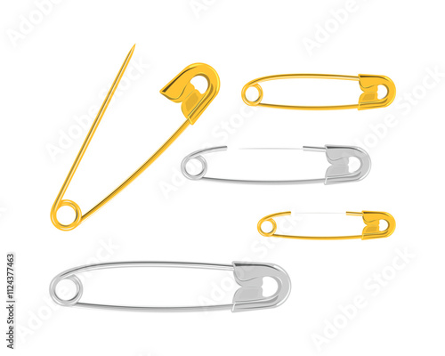 Safety pins. A set of safety pins in silver and gold colors. Pins with clasps. Vector illustration on a white background