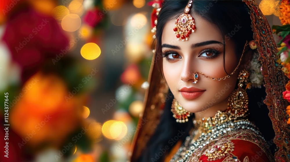 Young lady in richly decorated traditional attire, surrounded by festive decorations and fresh floral garlands Young lady in richly decorated traditional attire, surrounded by festive decorations and fresh floral garlands