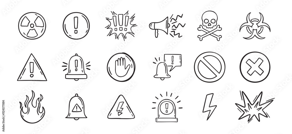 Fototapeta premium Warning doodle hand drawn icons set. Danger drawing sketch signs