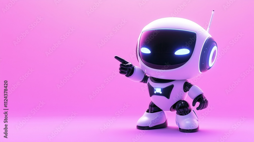 White friendly robot pointing with finger on pink background White friendly robot pointing with finger on pink background