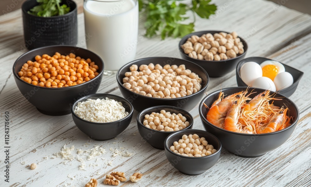 Fresh and Healthy Ingredients for Cooking: Varieties of Pulses, Shrimp, Eggs, Milk, and Nuts Displayed in Elegant Bowls on a Rustic Wooden Table Fresh and Healthy Ingredients for Cooking: Varieties of Pulses, Shrimp, Eggs, Milk, and Nuts Displayed in Elegant Bowls on a Rustic Wooden Table