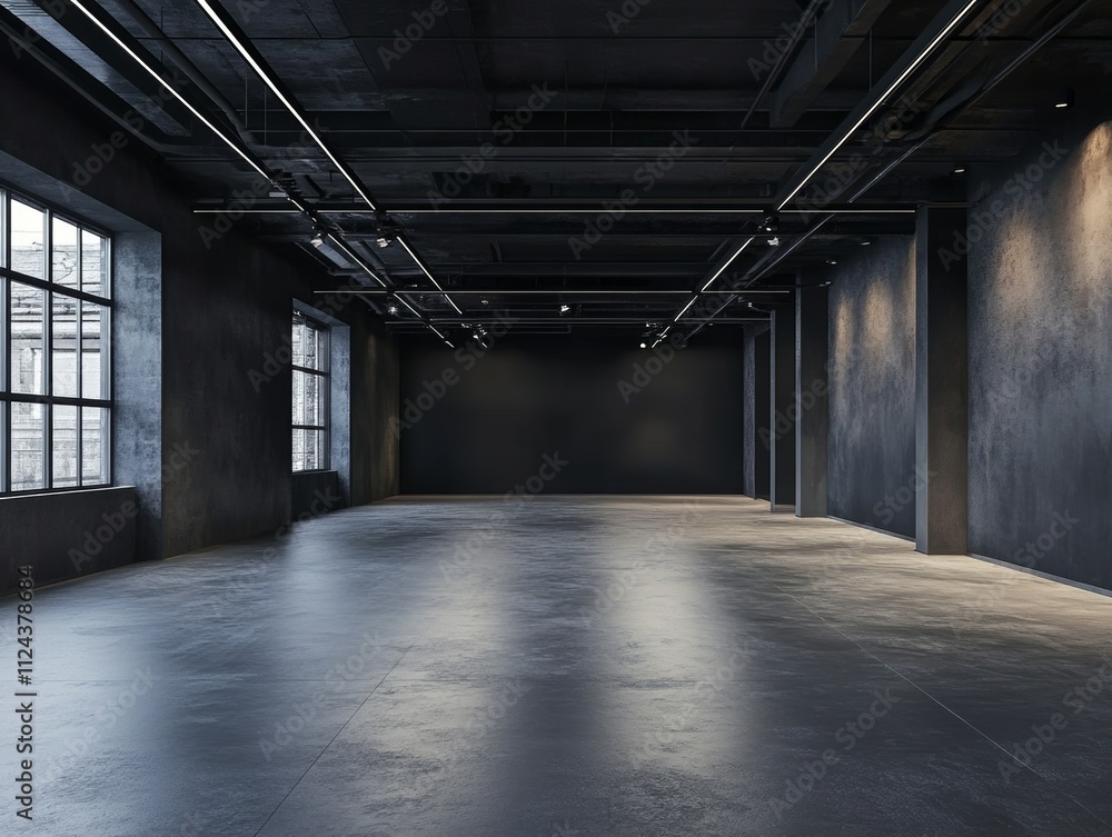 Spacious industrial room with modern design. Spacious industrial room with modern design.