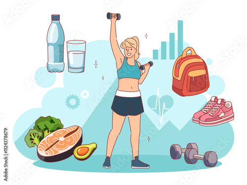 Woman does sports. Healthy lifestyle habits, morning exercises, girl with dumbbells, high quality of life, healthy body, fresh food and pure water, cartoon flat isolated vector concept