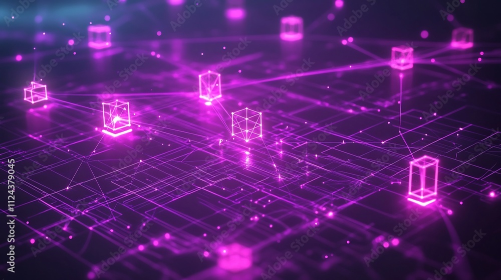 Futuristic Floating Construction Icons Linked by Glowing Purple Threads on Digital Blueprint Background Futuristic Floating Construction Icons Linked by Glowing Purple Threads on Digital Blueprint Background