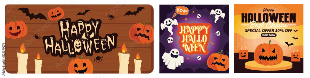 Happy Halloween banner template. Spooky Ghosts and Pumpkins. Halloween Sale Promotion Poster. Set flat vector modern illustration Happy Halloween banner template. Spooky Ghosts and Pumpkins. Halloween Sale Promotion Poster. Set flat vector modern illustration