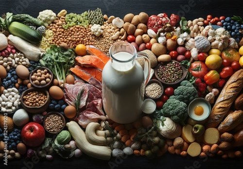 Fresh and Healthy Ingredients Spread Out on a Wooden Table Featuring Milk, Vegetables, Fruits, Nuts, Grains, and Various Meats for Cooking and Nutrition Enthusiasts