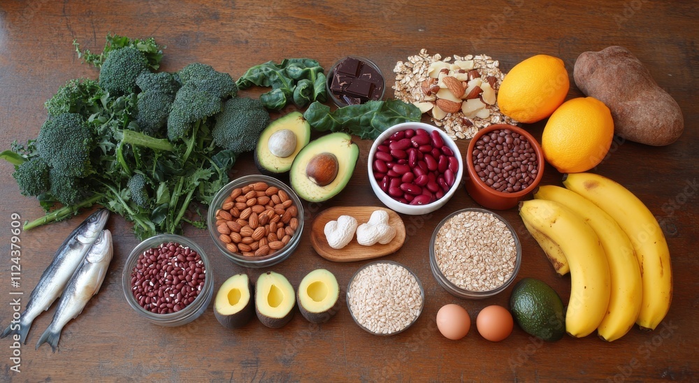 Fresh and Nutritious Ingredients for a Healthy Diet Featuring Fish, Fruits, Vegetables, Nuts, and Grains on a Wooden Table Fresh and Nutritious Ingredients for a Healthy Diet Featuring Fish, Fruits, Vegetables, Nuts, and Grains on a Wooden Table