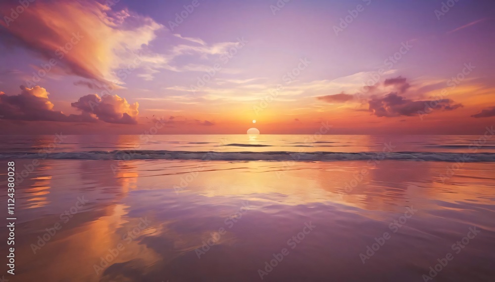 A stunning sunrise on the beach with a pink and purple sky. A stunning sunrise on the beach with a pink and purple sky.