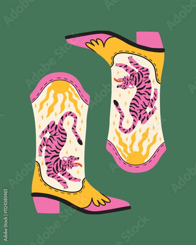 Cowboy boots with tiger, sun, stars. Cowgirl boots. Western and wild west theme. Cartoon vector illustration for poster, card, banner or invitation.