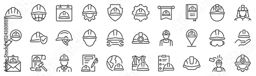Set of 30 outline icons related to helmet, hard hat. First set. Linear icon collection. Editable stroke. Vector illustration	