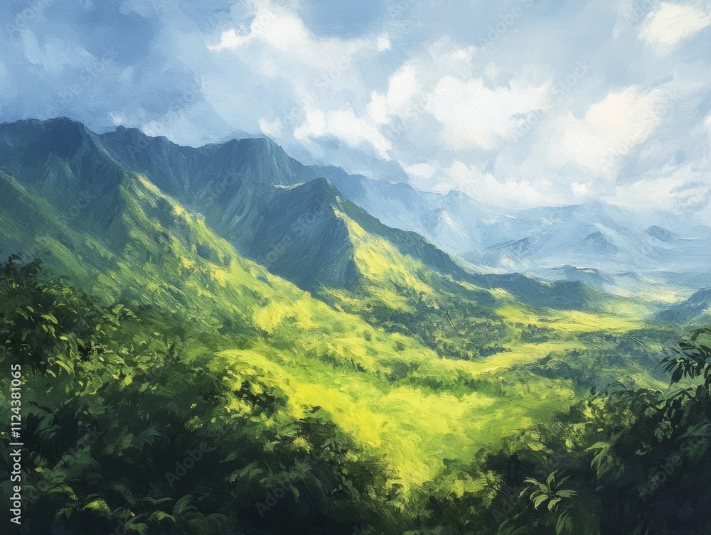 A serene view of lush green mountains and valleys. A serene view of lush green mountains and valleys.