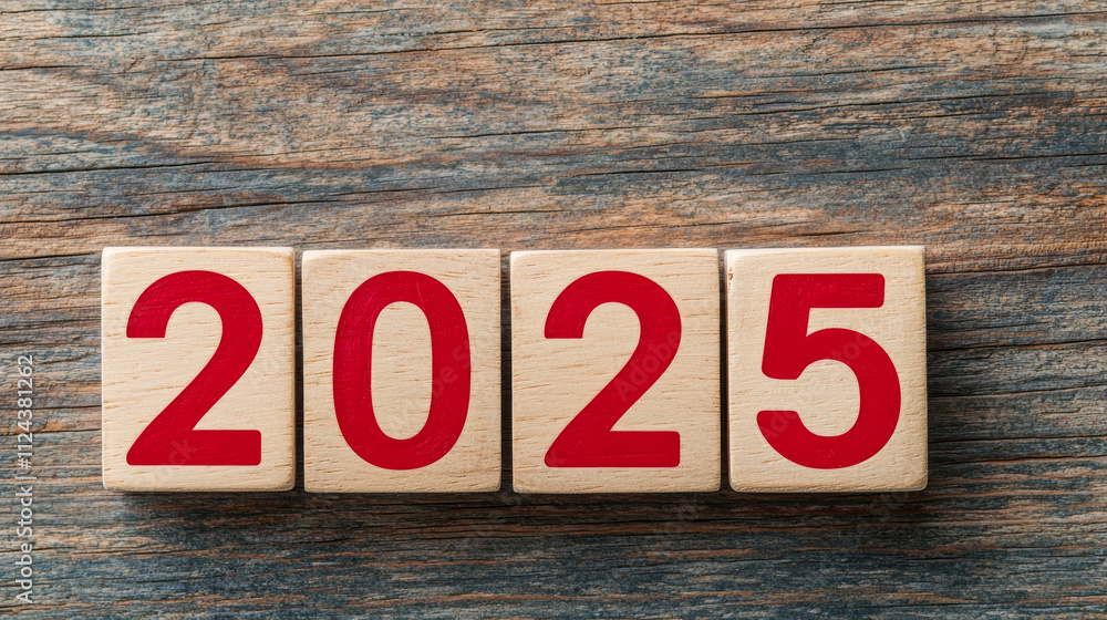 Fototapeta premium New Year 2025 with Wooden Blocks concept. Numbers 2025 displayed on wooden blocks against a rustic background.