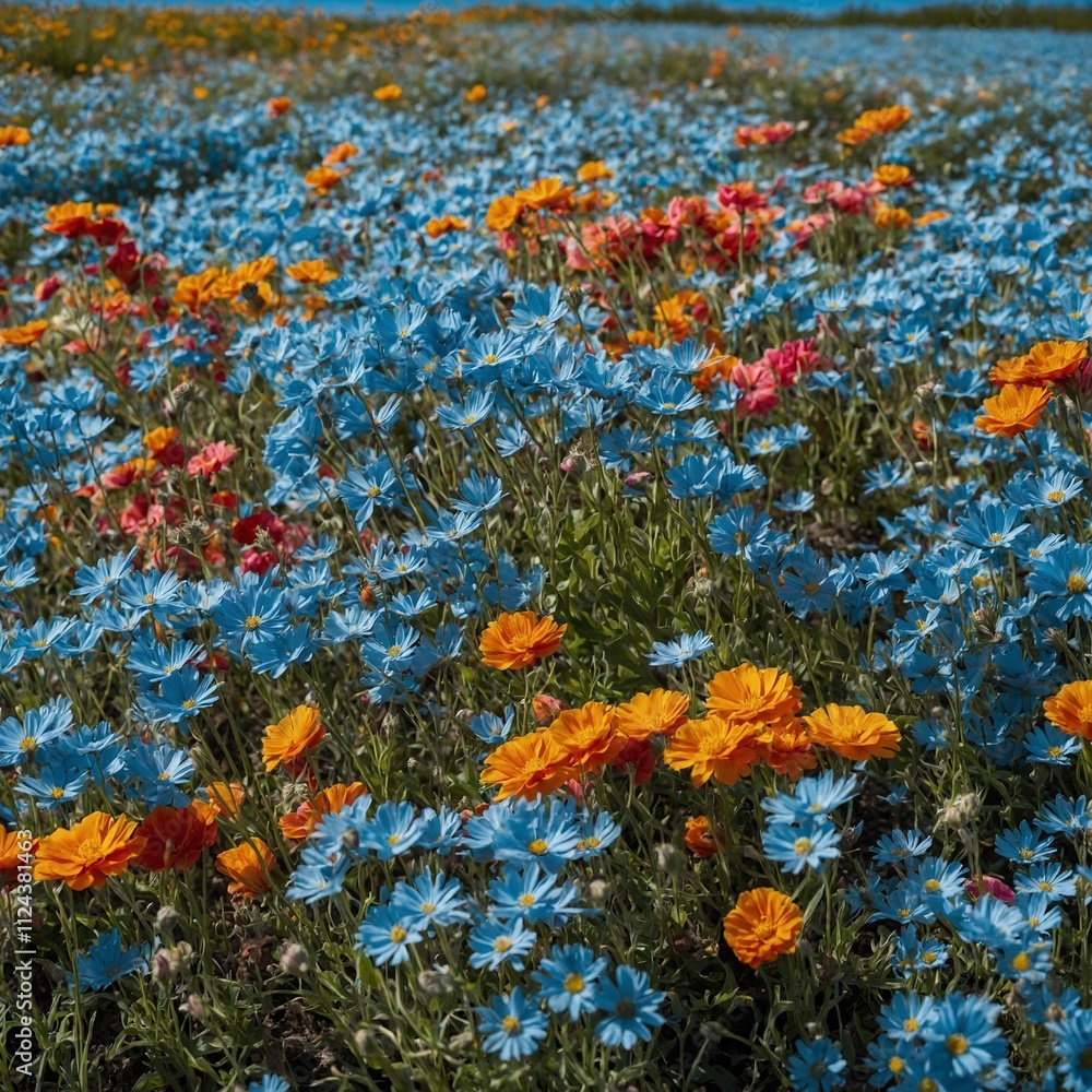 A field of flowers turning into a wave of color on a clear blue background. A field of flowers turning into a wave of color on a clear blue background.