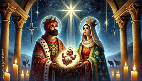 Three King's Day - Epiphany or Theophany - Three Magi visiting Jesus Christ bringing Gifts - Januari 6th - Biblical Magi, Three Wise Men  - Epiphanytide - Son of God and Child - Christmas photo