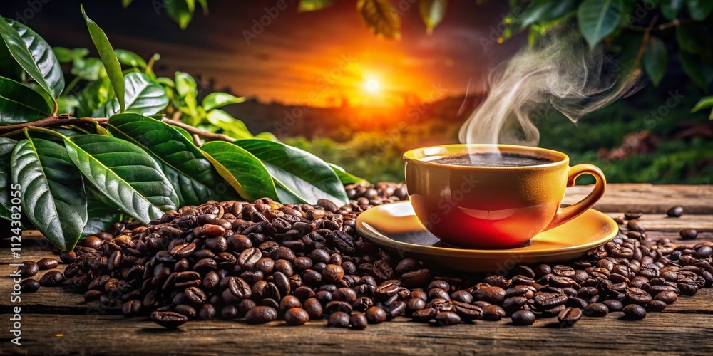Rustic Coffee Morning: Steaming Cup & Beans Rustic Coffee Morning: Steaming Cup & Beans