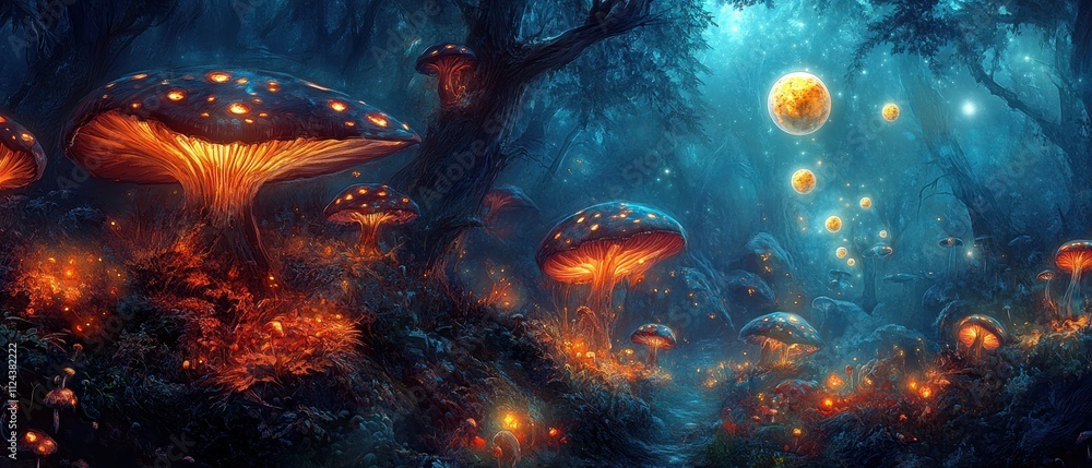 Mushrooms glow softly in a mystical forest during twilight, creating a magical atmosphere Mushrooms glow softly in a mystical forest during twilight, creating a magical atmosphere