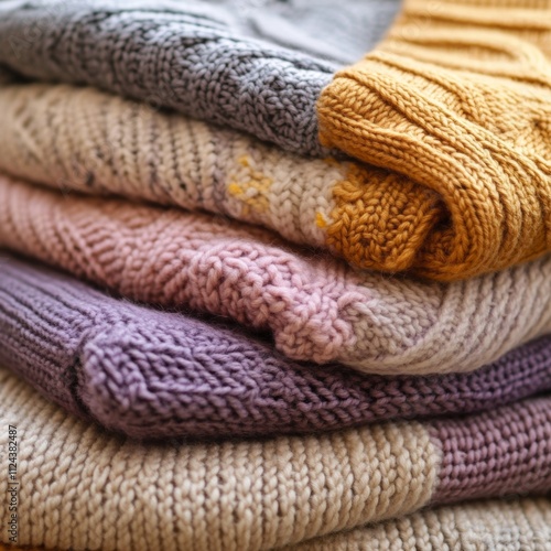 Colorful knitted sweaters in a cozy stack.