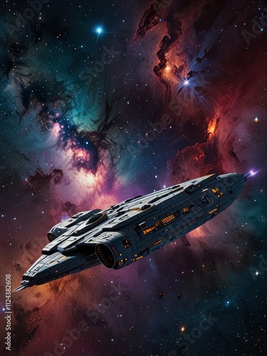 Wallpaper Mural Starship Soaring Through Cosmic Nebula: A sleek, futuristic spaceship glides through a mesmerizing nebula. Torontodigital.ca