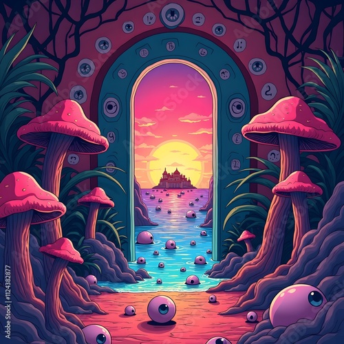 Psychedelic surreal vintage so synth wave poster cartoon style, arched door overseeing ocean filled with eyeballs trippy mushroom arches in a room on ocean with trippy eyes sunset cotton candy neon co