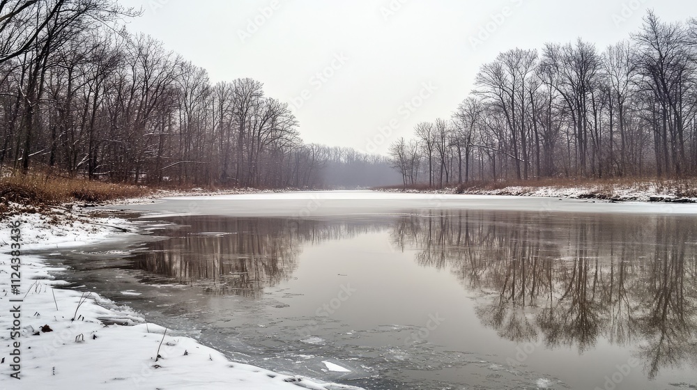 Serene Winter Landscape with Ice and Snow-Covered Water Body Serene Winter Landscape with Ice and Snow-Covered Water Body