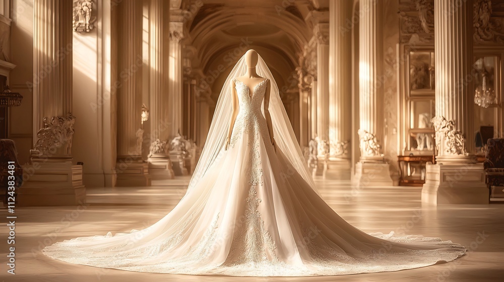 Exquisite full length photograph showcasing a high end luxurious wedding gown with an ornate embroidered train draped elegantly on a display mannequin in a grand softly lit showroom setting Exquisite full length photograph showcasing a high end luxurious wedding gown with an ornate embroidered train draped elegantly on a display mannequin in a grand softly lit showroom setting