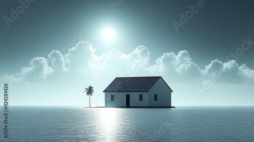 Minimalist high high contrast vintage PROVIA photo,  , a humble Bohemian beachfront hut bathed in a tropical sun, flat showcasing coastal minimalism, solitary palm silhouetteS,  photo