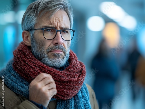 Elderly man in hospital waiting room wrapped in warm scarf coughing softly as he waits to see doctor photo