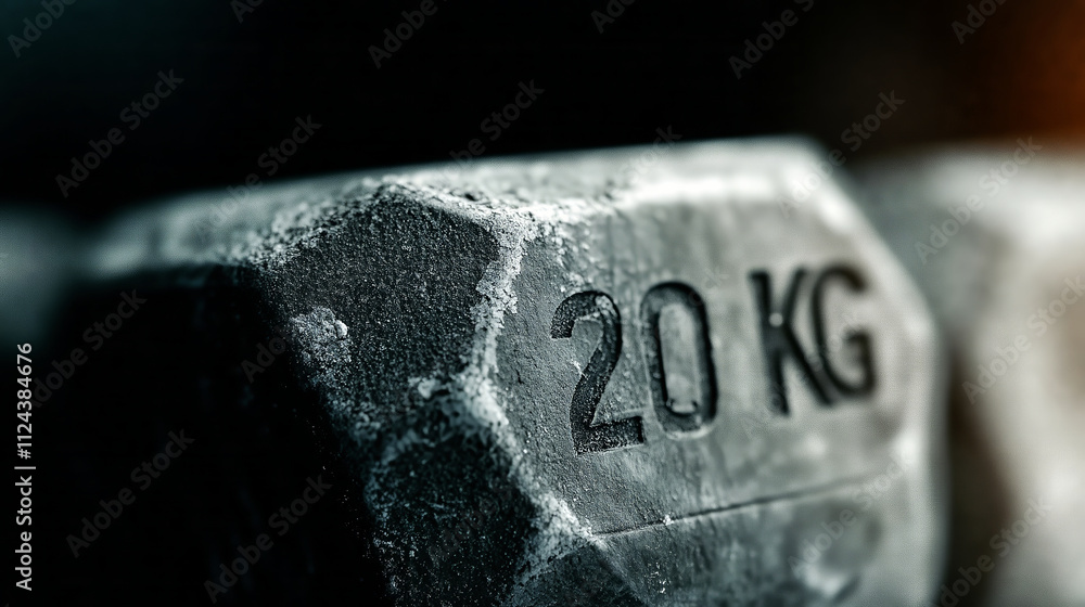 Close up of 20 kg dumbbell showing wear and tear in gym setting Close up of 20 kg dumbbell showing wear and tear in gym setting