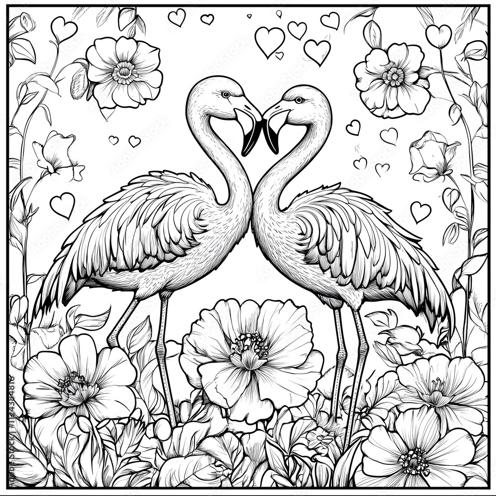 Naklejka premium Coloring page for kids, two flamingos in love surrounded by flowers and hearts