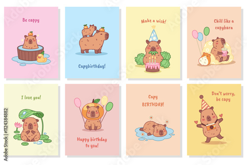 Funny capybaras birthday cards. Cute exotic animals, cartoon biggest rodents characters, kawaii adorable creatures, kids party, posters collection, prints or notebook cover, tidy vector set