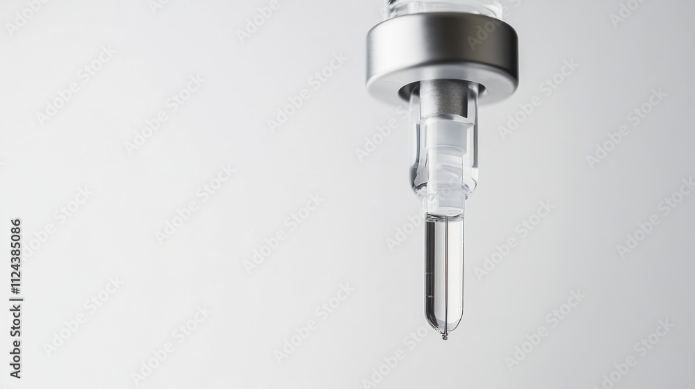 A high-resolution close-up of a medical infusion drip with clear fluid, set against a white background, Minimalist style A high-resolution close-up of a medical infusion drip with clear fluid, set against a white background, Minimalist style