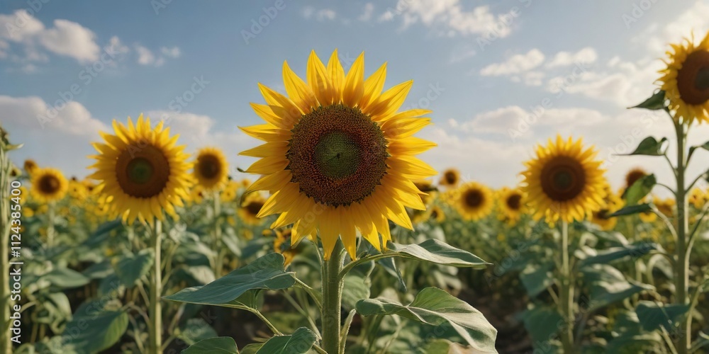 Field of sunflowers swaying gently in the wind, windy day, golden flowers, wildflowers Field of sunflowers swaying gently in the wind, windy day, golden flowers, wildflowers
